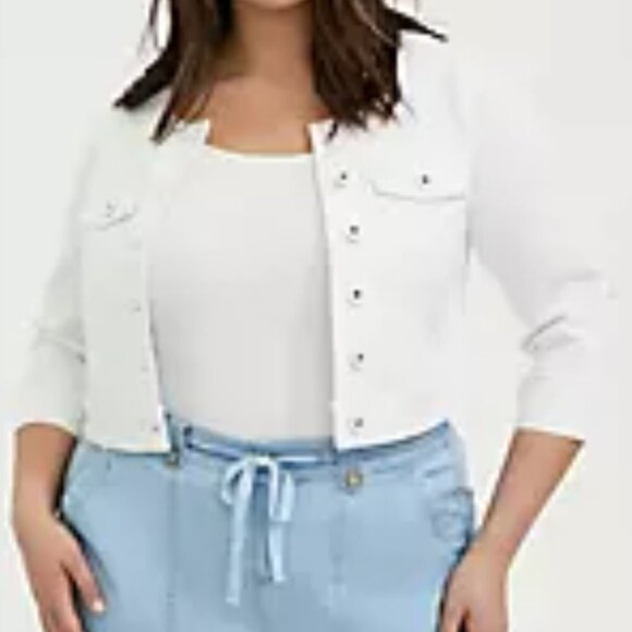 🆕 3X WHITE CROP COLLARLESS DENIM JACKET - Picture 3 of 5